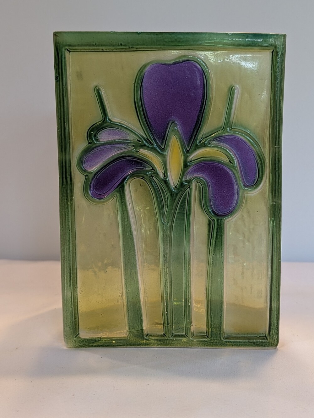 Vase Iris Embossed Stained Glass FTD Romania 1985  Rectangle Textured Vintage